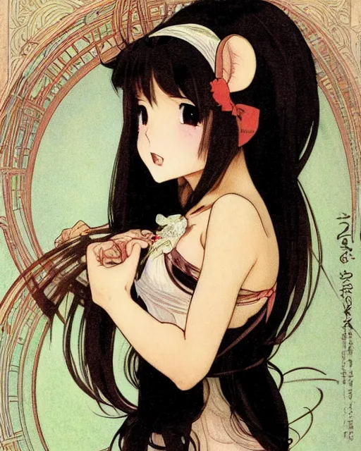 Prompt: A cute frontal painting of a very very beautiful anime skinny mousegirl with long wavy brown colored hair and small mouse ears on top of her head wearing a cute black dress and black shoes looking at the viewer, elegant, delicate, feminine, soft lines, higly detailed, smooth , pixiv art, ArtStation, artgem, art by alphonse mucha Gil Elvgren and Greg rutkowski, high quality, digital illustration, concept art, very long shot, sea of thieves illustration