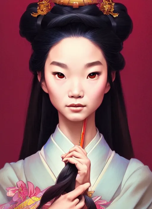 Image similar to portrait of disney mulan, intricate, elegant, highly detailed, my rendition, digital painting, artstation, concept art, smooth, sharp focus, illustration, art by artgerm and greg rutkowski and alphonse mucha and uang guangjian and gil elvgren and sachin teng, symmetry!!