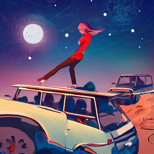 Image similar to under a trillion stars, we've danced on top of cars, digital art, artstation