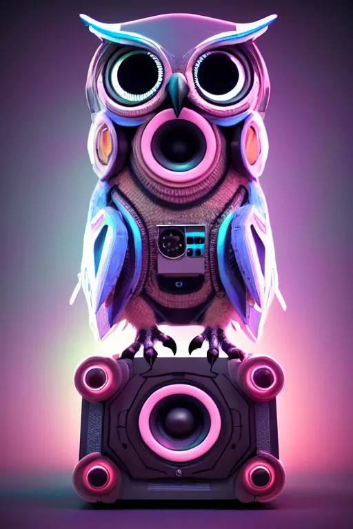 Image similar to high quality 3 d render very cute cyborg owl! with boombox!, cyberpunk highly detailed, unreal engine cinematic smooth, in the style of blade runner & detective pikachu, hannah yata charlie immer, moody light, low angle, uhd 8 k, sharp focus