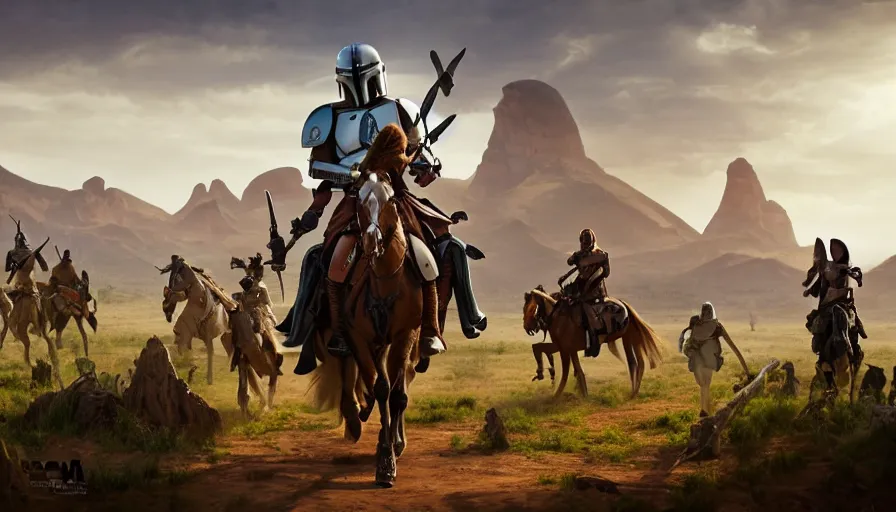 Image similar to mandalorian riding a horse alone, madagascar with baobabs trees in the background, tribe members chasing for an attack, action scene, an epic fantasy, artgerm and greg rutkowski and alphonse mucha, an epic fantasy, volumetric light, detailed, establishing shot, cinematic, photorealistic, trending on art station, octane render, midsommar