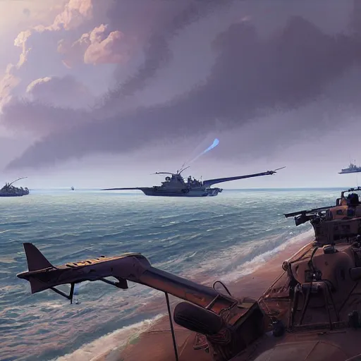 Image similar to landing crafts reaching the beaches of normandy amidst gunfire, highly detailed, digital painting, concept art, sharp focus, by makoto shinkai