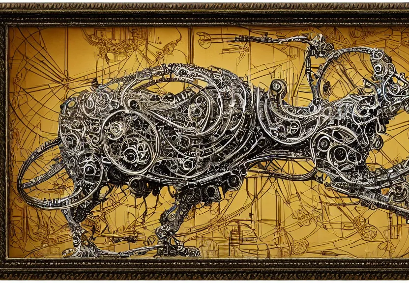 Image similar to schematic blueprint of highly detailed ornate filigreed convoluted ornamented elaborate cybernetic rat, wide wooden frame with gold leaf, art by da vinci