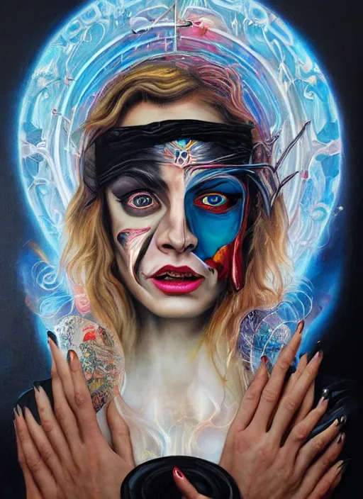 Image similar to gorgeous magic cult psychic woman smiling, third eye, subjective consciousness psychedelic, epic surrealism expressionism symbolism, story telling, iconic, dark robed, oil painting, symmetrical face, dark myth mythos, by Sandra Chevrier, Peter Kemp masterpiece