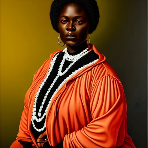 Image similar to A portrait of a thick powerful and gorgeous non-binary person, dark black skin tone, oil painting by Kehinde Wiley, majestic, detailed, high resolution