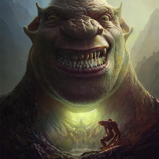 Image similar to a hyperrealistic illustration of a mix of an oger and giant and goblin, 8 k ultra realistic creature, detailed intricate, with fractal sunlight, award - winning, masterpiece, in the style of tom bagshaw, cedric peyravernay, peter mohrbacher