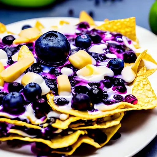 Prompt: nachos with blueberry jelly on top, closeup, professional food photography,