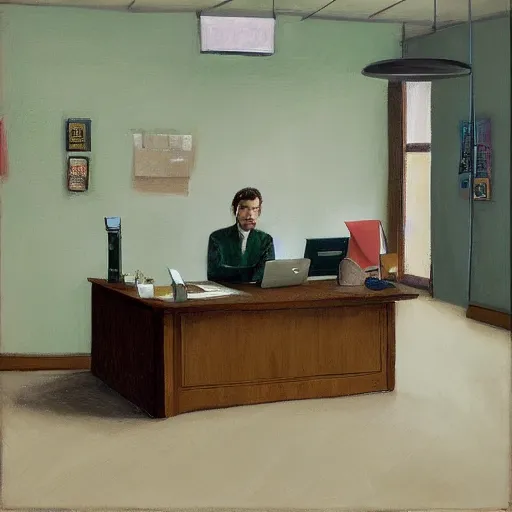 Image similar to scene at office with an handsome man of 3 9 years old, green eyes, light brown, good looking, wide round nose, mid long hair, in an office by david rutkowski, by artgem