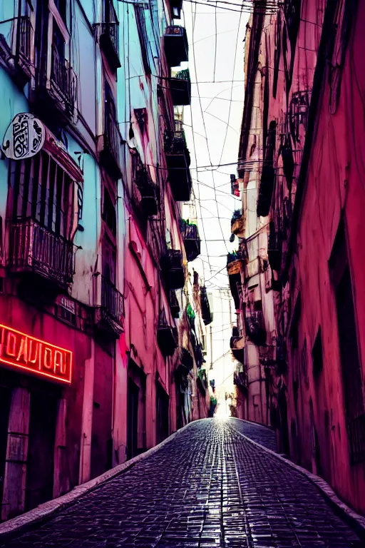 Image similar to neon streets of lissabon, 4 k, award winning photo, cyberpunk style