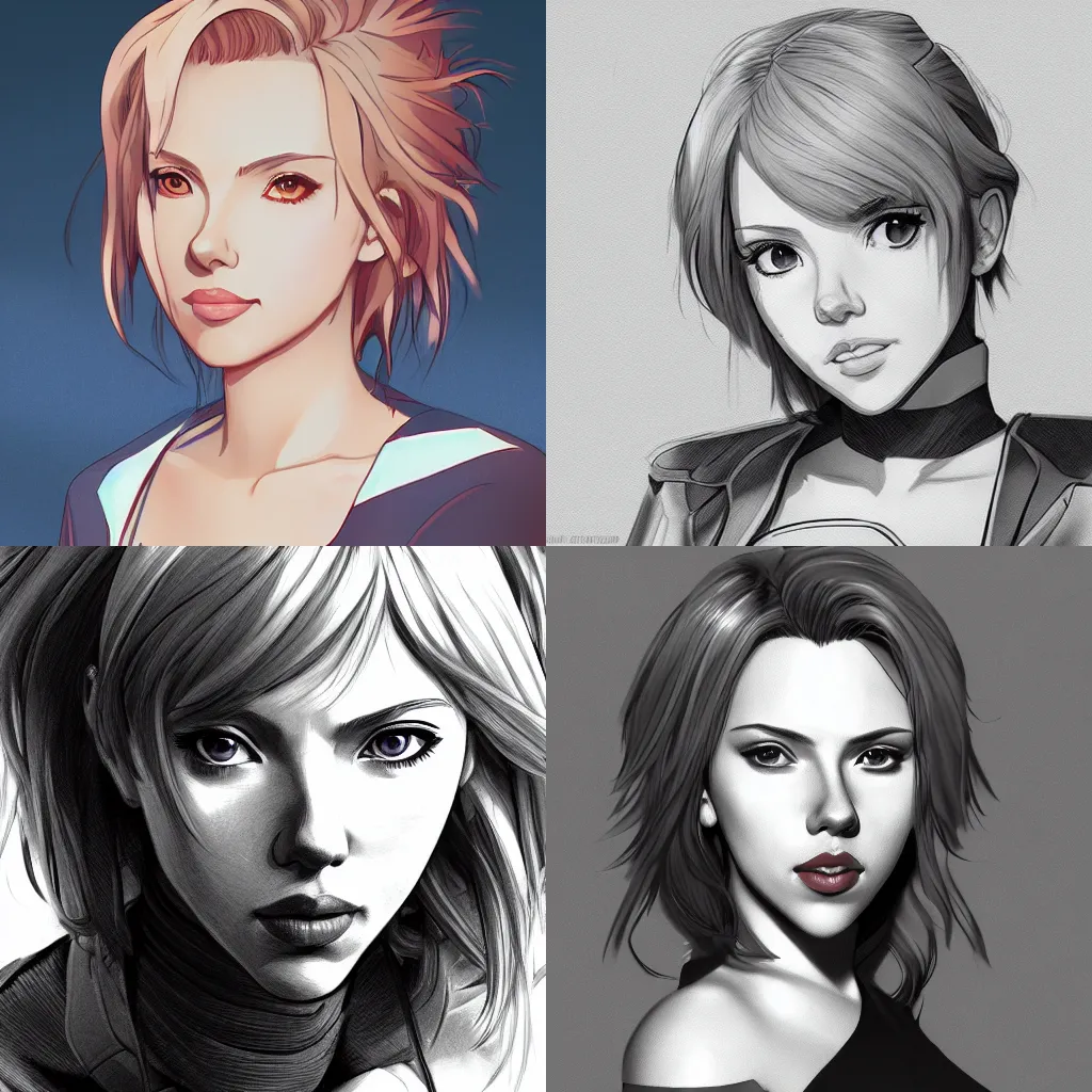 Prompt: Scarlett Johansson as an anime character high detail drawing wlop pixiv artstation