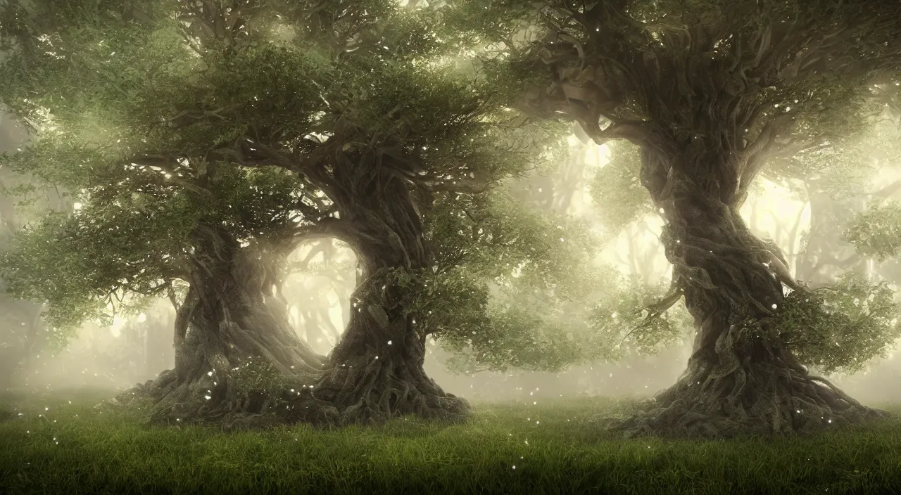 Prompt: huge magical tree with fairy dust, magical atmosphere, photo realistic, highly detailed, mist, trending on artstation, ultra realistic, octane render