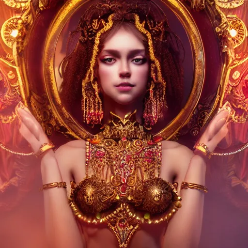 Image similar to photograph of wonderful princess with smooth fair skin, alluring eyes, red jewelry, breathtaking, elegant, ornate, intricate, hyper detailed, accent lighting, dramatic light, 4 k octane render