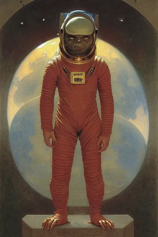 Image similar to a portrait of a gollum astronaut, wearing a chinese dragon spacesuit armor and helmet, in majestic, solemn, in space, by bouguereau