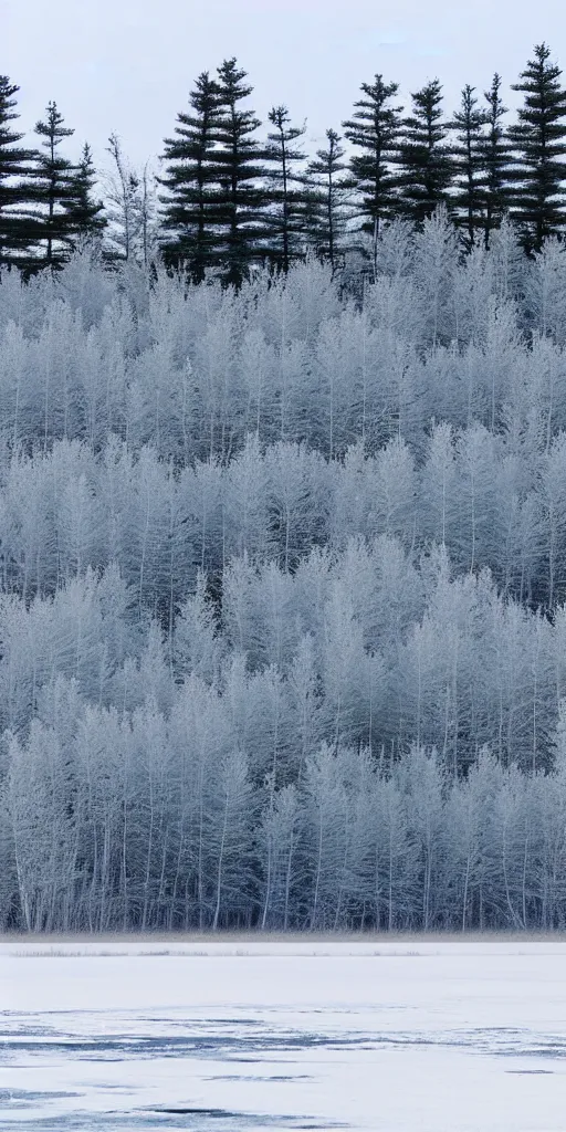 Prompt: Dark spruce forest frowned on either side of the frozen waterway. The trees had been stripped by a recent wind of their white covering of frost, and they seemed to lean toward each other, black and ominous, in the fading light. A vast silence reigned over the land. The land itself was a desolation, lifeless, without movement, so lone and cold that the spirit of it was not even that of sadness, highly detailed super wide angle