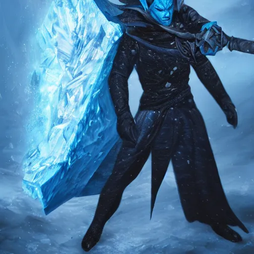 Image similar to a blue tiefling man wearing dark cloths frozen in a block of ice and being shattering into a million pieces, action, cracked, destroyed, shattering, breaking, by Tony Sart, detailed, realistic, masterpiece