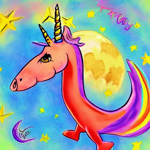 Image similar to unicorn dreaming of a trex on the moon, colorful, modern, disney, in style of pixar, highly detailed, sharp focus, digital painting