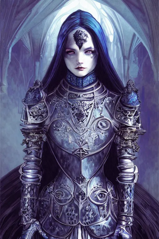 Image similar to beautiful luxury and gothic and victorian and evil medieval female blue & white color armor knight portrait+smoky eyes+light flowing hair, in ruin gothic cathedral, ultradetail face, art and illustration by tian zi and craig mullins and WLOP and alphonse mucha, fantasy, intricate complexity, human structure, fantasy world concept, watermark, blurry, hyperrealism 8k