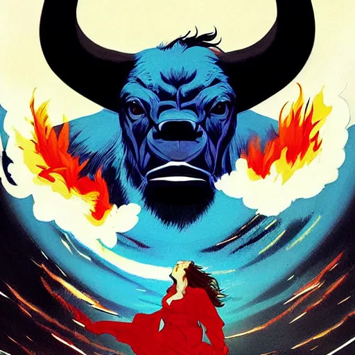 Image similar to Joshua Middleton comic art, A large black bison with fiery eyes, Bison God, thick black smoke, stormy skies, midnight, indigo, Ancient, a scene from the TV show, American Gods