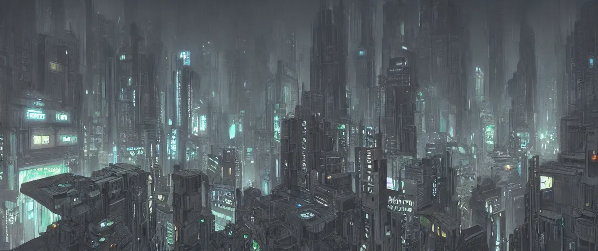 Prompt: landscape of a brutalist neon lit blade runner city in the style of Rob Lefield and Ralph McQuarrie, trending on artstation, digital art, first person perspective, establishing shot