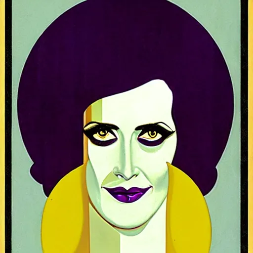 Image similar to Eva Green is Metamorpho, the Element Woman, Art by Coles Phillips, Chalk white skin, deep purple hair, Green eyes, Portrait of the actress, Eva Green as Metamorpho, carbon black and antique gold