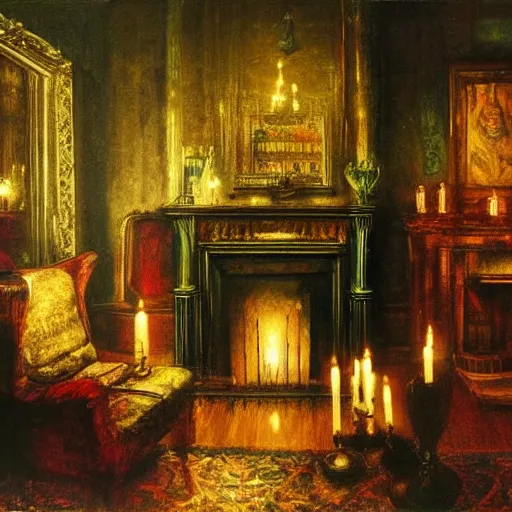 Image similar to grimshaw painting, vampire, candles, mansion, dim room, fireplace, gothic.