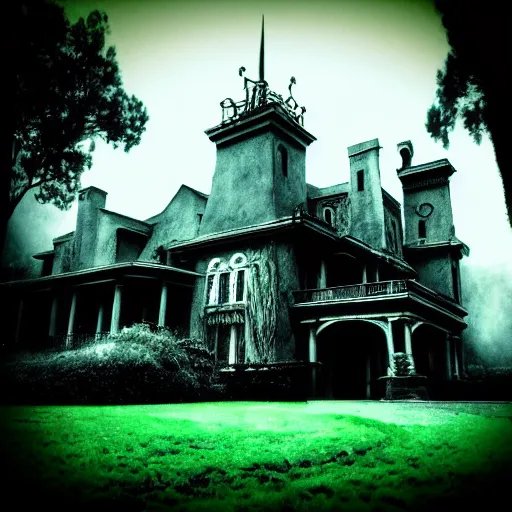 Image similar to lomo photo of haunted mansion, dark, scary, moody, gloomy, foggy