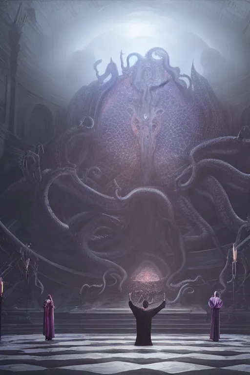 Prompt: center view of a group of priest in circle invoking an hyper realistic lovecraft creature portrait in a huge ritual portal, 4 k, fantasy art, glamorous composition, wide - angle shot, cinematography lighting, volumetric fog, vivid colors, realistic, octane render, unreal engine, frank frazzeta, hyper realistic matte painting