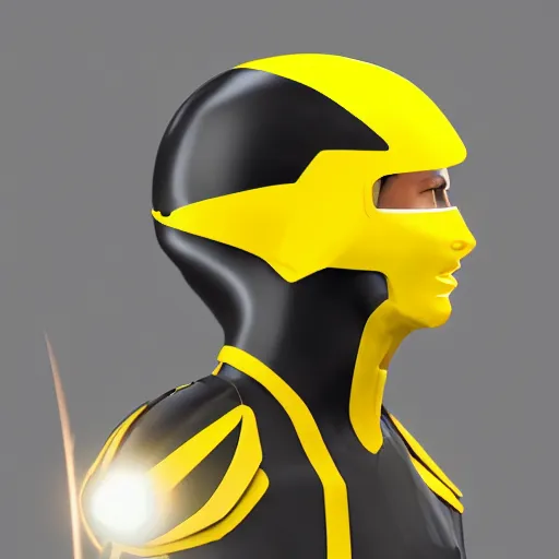 Prompt: symmetry!! yellow ranger, thunderbolt shaped eyeshade, artstation, lightning helmet, 3 d, jumpsuit, gloves, futuristic logo,