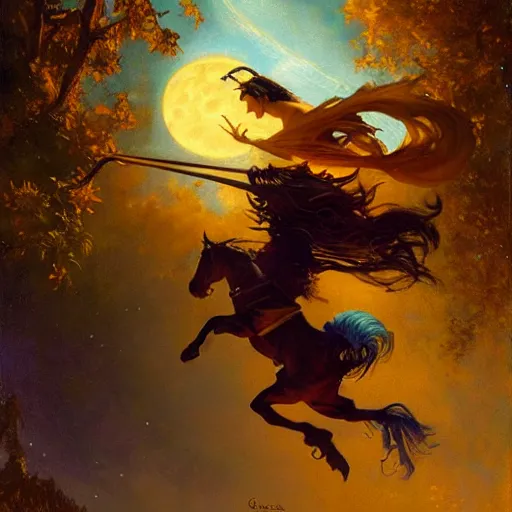 Image similar to witch flying riding a broom, trough the night, fantasy, full moon in background. highly detailed painting by gaston bussiere, craig mullins, j. c. leyendecker 8 k