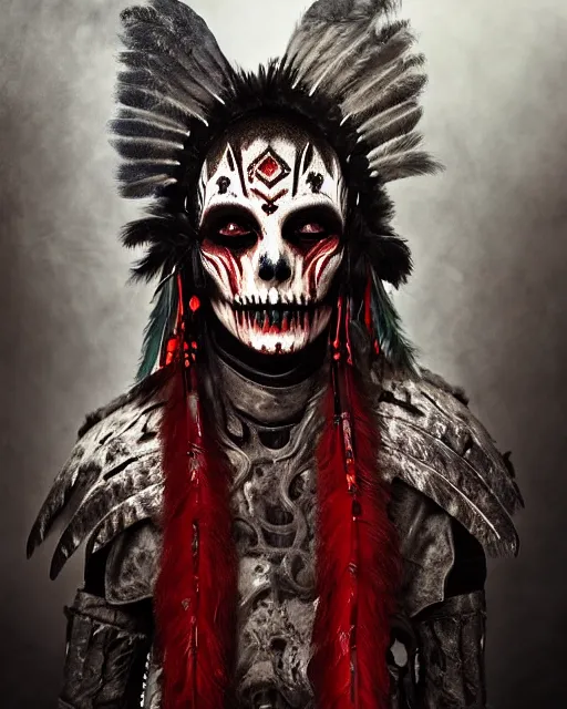 Image similar to the ghost - spirit of the grim - warpaint wears the scarlet skull armor and native blood headdress feathers, midnight fog - mist!, dark oil painting colors, realism, cinematic lighting, various refining methods, micro macro autofocus, ultra definition, award winning photo, photograph by giger and gammell