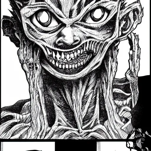 Image similar to manga panel, junji ito, body horror, horror, terrifying, nightmare fuel, scary,