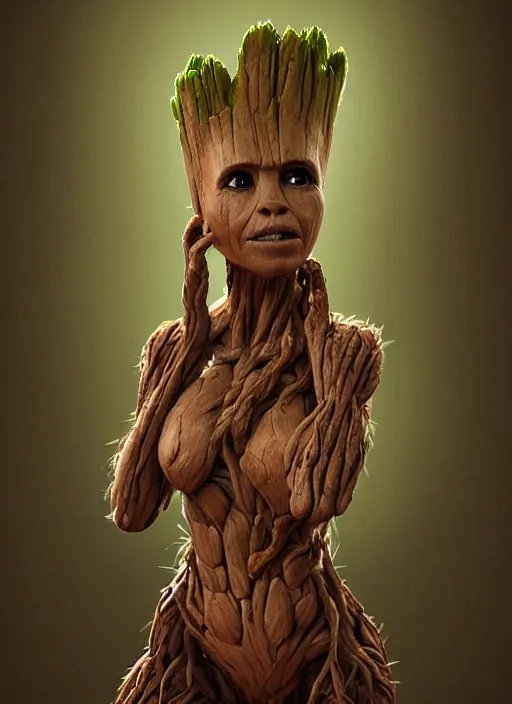 Image similar to female portrait of groot as a belly dancer, au naturel, hyper detailed, digital art, trending in artstation, cinematic lighting, studio quality, smooth render, unreal engine 5 rendered, octane rendered, art style by klimt and nixeu and ian sprigger and wlop and krenz cushart.