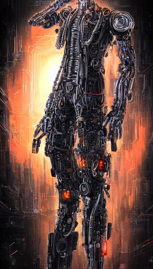 Prompt: full body head to toe portrait of a cyberpunk sci-fi cyborg netrunner bionic man, third person, D&D, sci-fi fantasy, matrix , intricate, black with shiny silver and orange fringe highlights, highly detailed, art by Range Murata, highly detailed, 3d, octane render, bright colors, digital painting, trending on artstation, sharp focus, illustration style of Stanley Artgerm, dramatic background