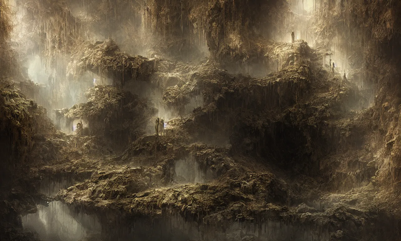 Image similar to michal karcz grunge painting of a beautiful lanscape, underground theme, detailed, elegant, intricate, 4k, by Gustave Dore