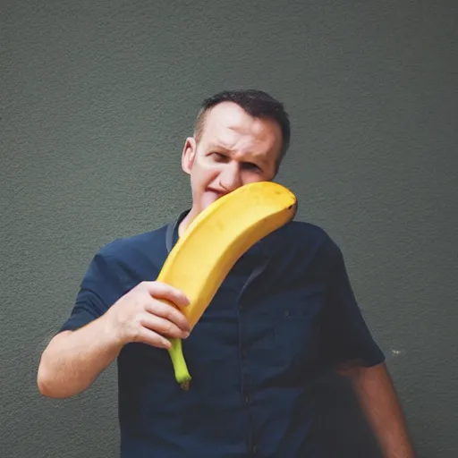 Prompt: a man with a banana sticking out of his ear, photography