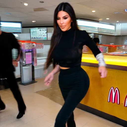 Prompt: kylie kardashian doing the moonwalk in front of the counter at mcdonalds, uhd, 8k, award winning photography, trending, beautiful, happy,