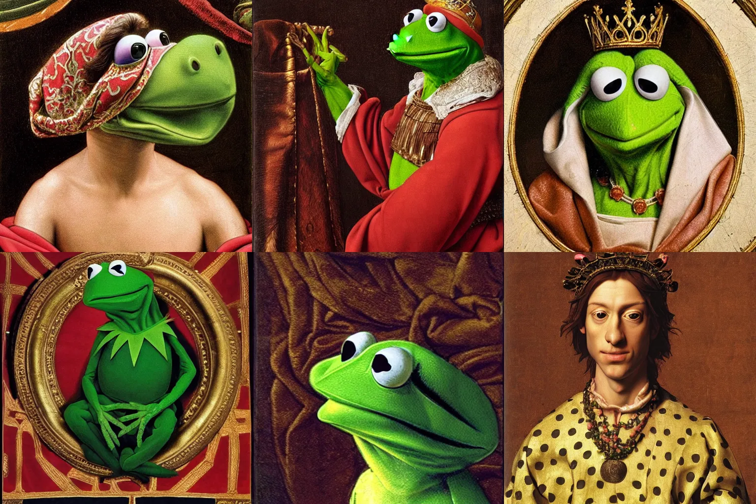 Prompt: A extremely highly detailed majestic hi-res beautiful, highly detailed head and shoulders painting of kermit the frog in royal medieval kingly robes by Michelangelo Merisi da Caravaggio,