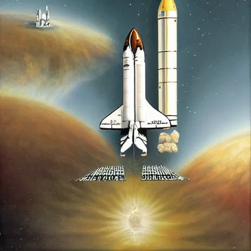 Prompt: ((((space shuttle launch))) painting by ((James Christensen))