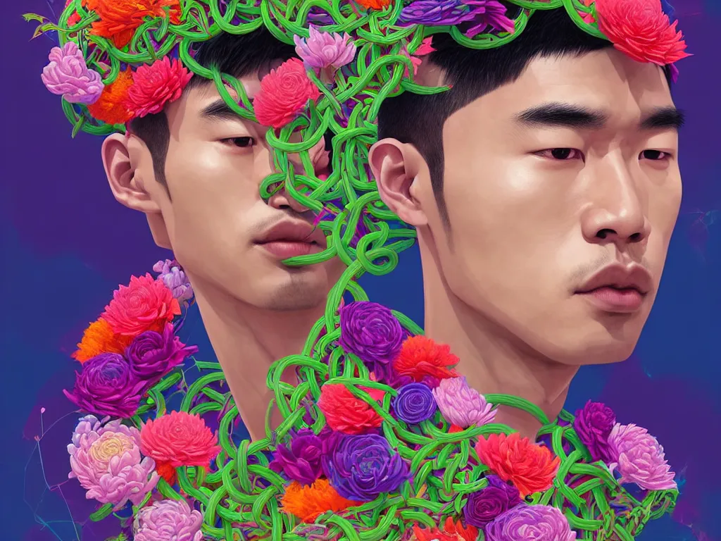 Image similar to colourful vfx art - portrait of south east asian male with military haircut wrapped in flowers & vines, art by hsiao - ron cheng & james jean - presented as magazine collage style, volumetric light, colourful, sharp, detailed, digital painting, illustration, magazine collage, highly detailed, intricate detail, unreal engine, octane render, pinterest, behance, art station