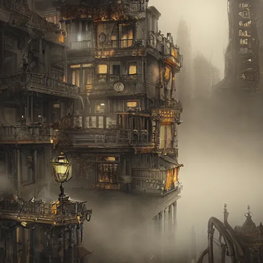 Prompt: a steampunk city shrouded in fog, highly detailed, 8k, sharp focus, trending on artstation