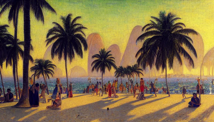 Image similar to a ultradetailed beautiful painting of the luxurious beautiful utopian futuristic rio de janeiro designed by jules bastien - lepage, tarsila do amaral, frank weston and gustave baumann, beach, trending on artstation, mediterranean, palm trees, sharp focus, colorful refracted sparkles and lines, soft light, 8 k 4 k