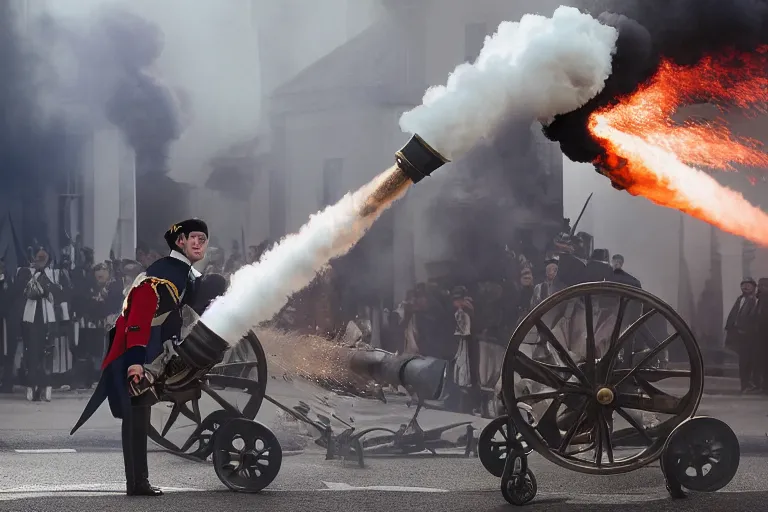 Prompt: closeup portrait of emmanuel macron dressed as napoleon firing a cannon in a street, natural light, sharp, detailed face, magazine, press, photo, steve mccurry, david lazar, canon, nikon, focus