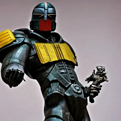 Prompt: statue of judge dredd holding a mechanical arm of fallen foe