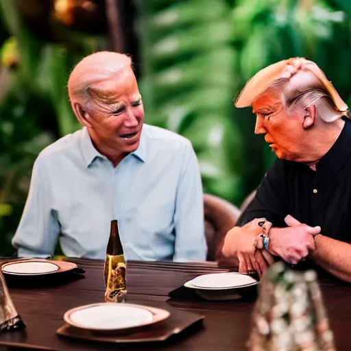 Image similar to Trump and Biden having dinner at a fancy Balinese restaurant, award winning photography, 85mm, perfect faces