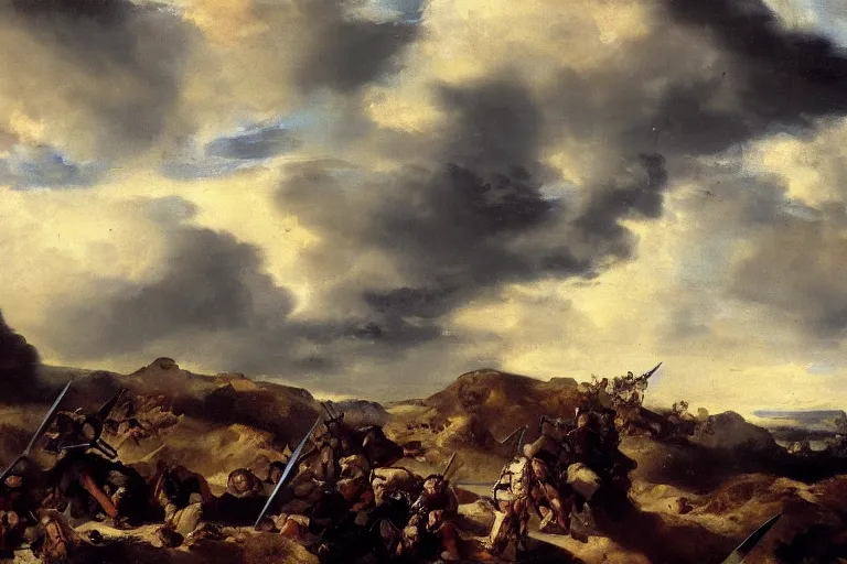 Image similar to a battlefield full of swords in the bare terrain, windy clouds by velasquez, oil painting 4 k