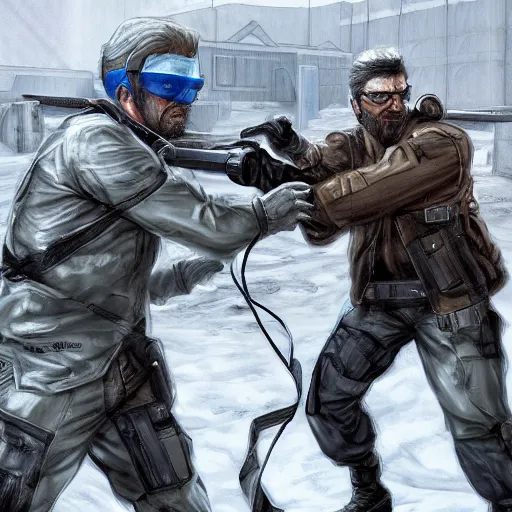 Image similar to Solid Snake from MGS and Gordon Freeman from Half-Life melee fight against each other on an abandoned military base, winter, very detailed, hyper realism, epic, close-up fight, digital art, concept art, illustration, artstation, cgi, 4k