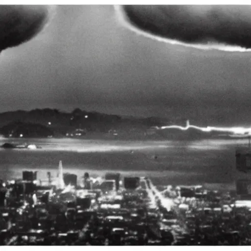 Image similar to nuclear bomb destroying san francisco, movie still, moody