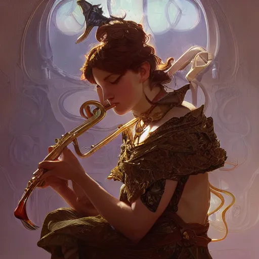 Image similar to a strange blowing horn, d & d, fantasy, intricate, elegant, highly detailed, digital painting, artstation, concept art, smooth, sharp focus, illustration, art by artgerm and greg rutkowski and alphonse mucha