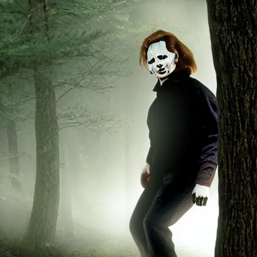 Prompt: He still image of Michael Myers in the woods foggy very detailed 4K quality super realistic