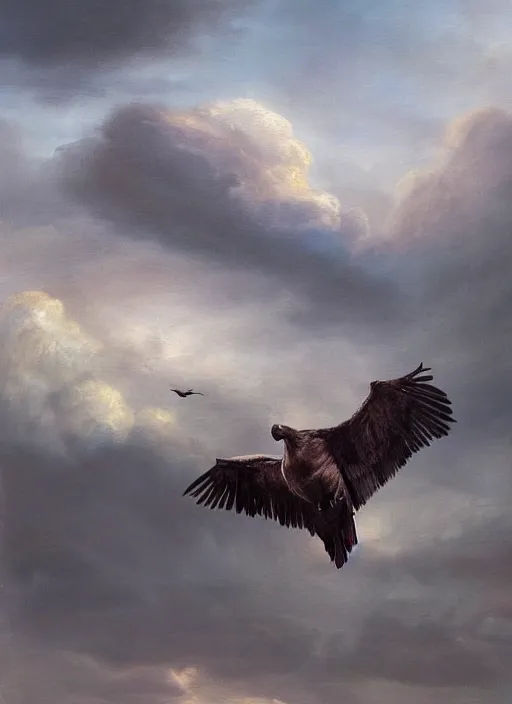 Prompt: a realistic painting of a condor in a cloudy sky seen from far away, highly detailed, matte painting, fantasy art, beautiful landscape